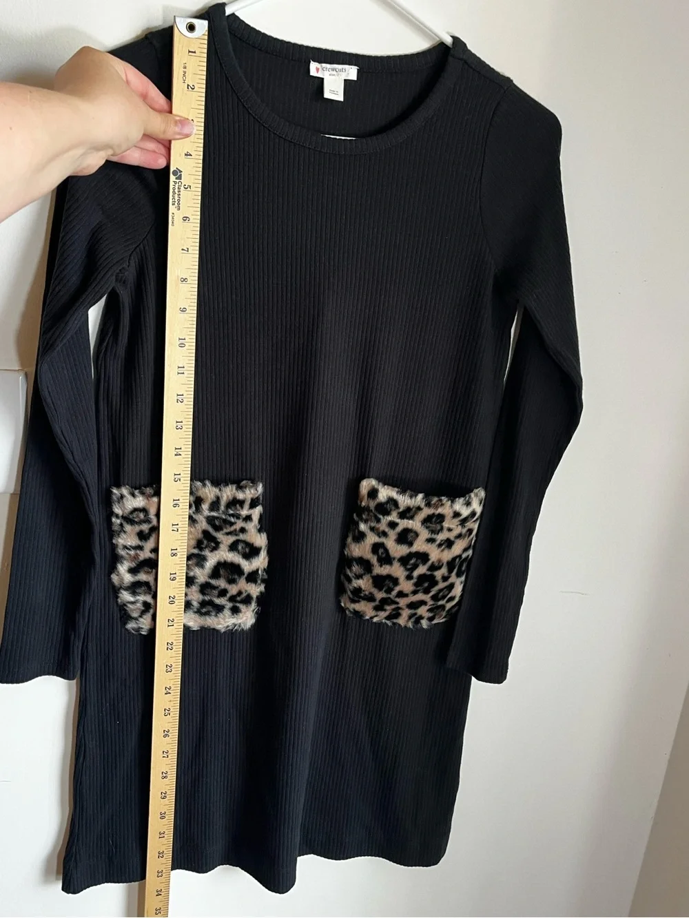 Crewcuts Black Ribbed Dress Leopard Print Faux-Fur Pockets Size 12